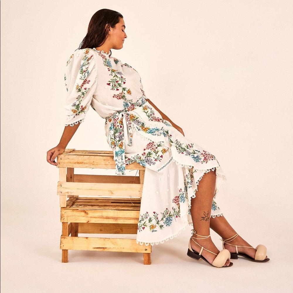 Farm Rio Sz S Louise Wrap Skirt White Floral Midi Ruffle Botanical Print Cotton - Picture 12 of 12